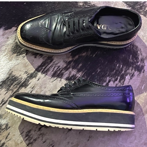 PRADA Black Patent Leather Brogues Platform Derby Size 37 - Picture 1 of 7